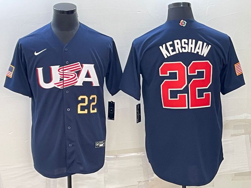 Men 2023 World Cub USA #22 Kershaw Blue Nike MLB Jersey4